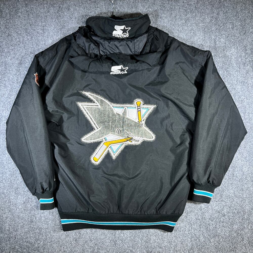 Vintage 90s Starter San Jose Sharks NHL Pullover Hooded Jacket Black Medium